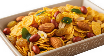 Cornflakes mixture namkeen snack with nuts isolated on transparent background