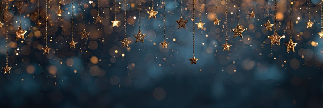 Golden stars hanging from strings against a backdrop of bokeh and dark blue