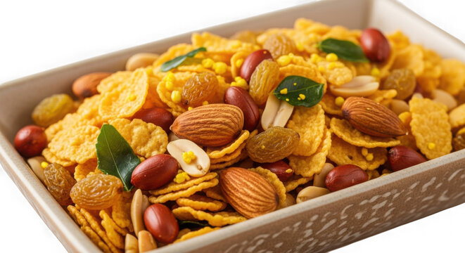 Cornflakes mixture namkeen snack with nuts isolated on transparent background