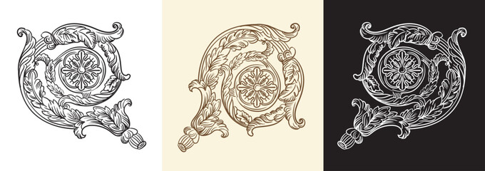 Vertical engraving scroll monogram and design element vector