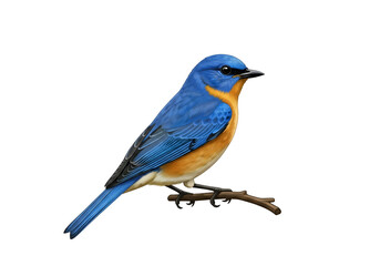 Fototapeta premium Detailed illustration of a vibrant blue and orange eastern bluebird perched on a twig against a stark black backdrop.