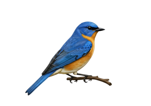 Detailed illustration of a vibrant blue and orange eastern bluebird perched on a twig against a stark black backdrop.