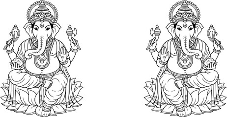 Fototapeta premium Lord Ganesha line art drawing in lotus pose, traditional Hindu spiritual illustration for Ganesh Chaturthi, yoga, meditation, wall art, and adult coloring book