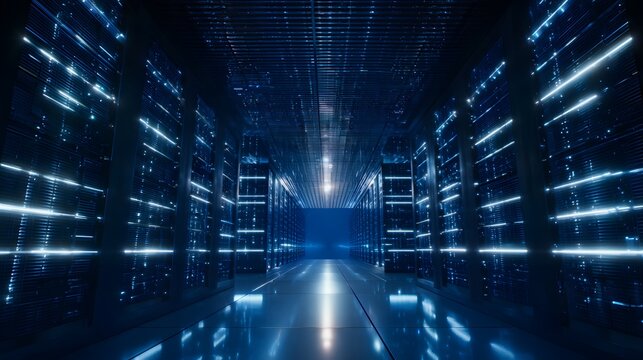 Wide-angle view of modern data center with cinematic lighting