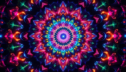 Vibrant kaleidoscope of neon lights radiating pure energy, ideal for modern designs and dynamic backgrounds