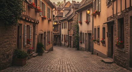 Cozy European village street with cobblestone roads, soft lighting