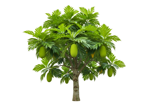 Lush green breadfruit tree with vibrant foliage and numerous fruits against a striking black backdrop.