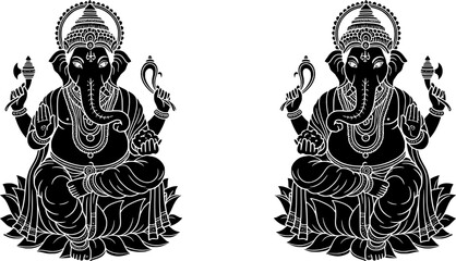 Black and white vector illustration of Lord Ganesha in lotus pose, decorative line art style, perfect for Ganesh Chaturthi designs, spiritual artwork, and religious decoration