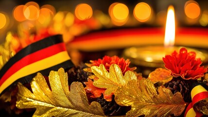 German Unity Day oak wreath with golden leaves and black red gold ribbons in candlelight, autumn foliage background with festive dignity