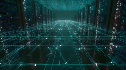 Wide-angle view of multiple server racks connected by luminous network lines in a futuristic data center aesthetic