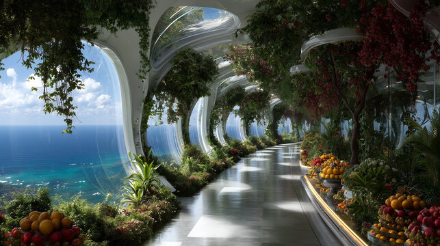 Fototapeta Beautiful garden and plant inside the spaceship , can see blue ocean out of the window.