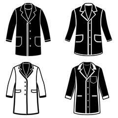Illustration of four lab coats in black and white with buttons and pockets in a simple vector style