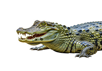 Obraz premium Close-up of a captivating young crocodile, showcasing its intricate, patterned scales and sharp teeth against a stark black backdrop.