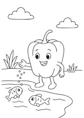 coloring book paprika feeding fish in a pond.