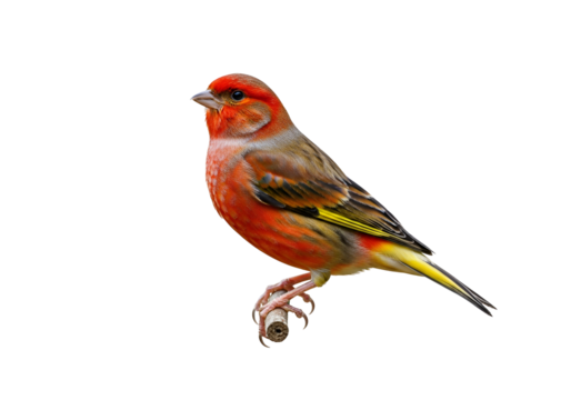 A vibrant, detailed close-up of a colorful finch perched on a branch, showcasing its striking red, orange, and yellow plumage against a black background.