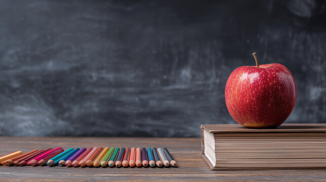 Back to school supplies books apple colorful pencils on desk