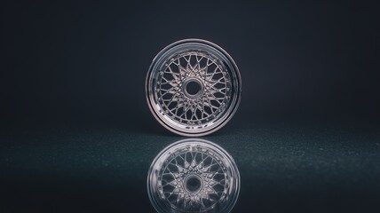 Polished metallic wheel rim with geometric pattern and reflections, dark background emphasizing automotive parts in modern engineering design