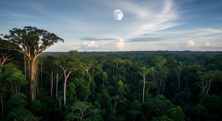 Amazon Rainforest Canopy Under Moonlit Sky, Tropical Rainforest Ecosystem in Pristine Condition