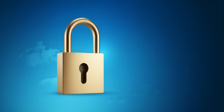 A golden padlock with a keyhole against a blue gradient background with cloud like shapes