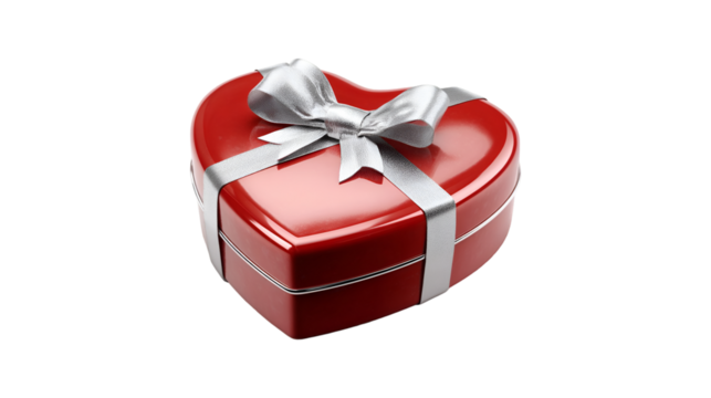 Red heart-shaped gift box with silver ribbon Valentines Day present romantic love