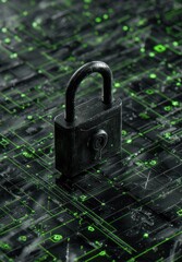 Locked padlock on circuit board