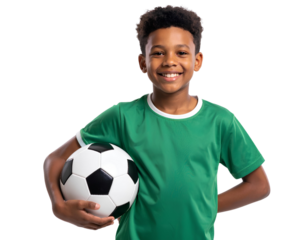 A young boy in a green soccer jersey is smiling and holding a black and white soccer