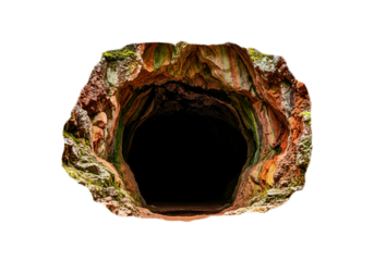 An oval-shaped cave entrance, highlighted by vibrant earth tones and shadowed depths, creates a captivating image of geological wonder.