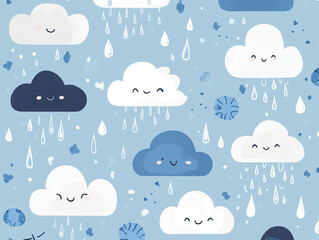 Obraz premium Cute clouds with raindrops on blue background create cheerful and playful pattern. This design features smiling clouds in various shades of blue, adding whimsical touch to any project