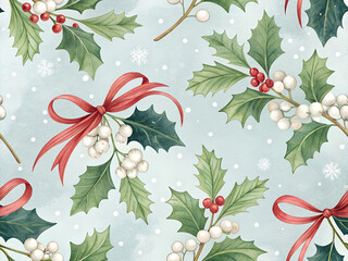 Watercolor christmas holly branches with red ribbon bows and soft falling snow seamless pattern