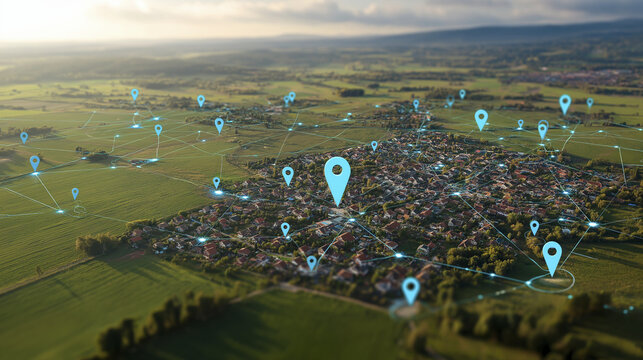 Town aerial view with connected dots gives hopeful and futuristic vibes to communication and technology progress - Powered by Adobe