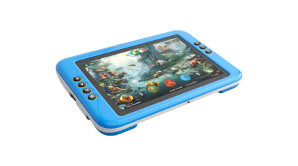 Blue kids tablet displaying vibrant game screen colorful buttons