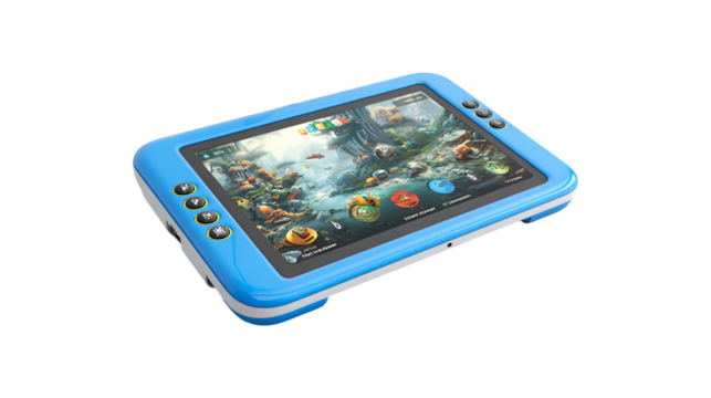 Blue kids tablet displaying vibrant game screen colorful buttons