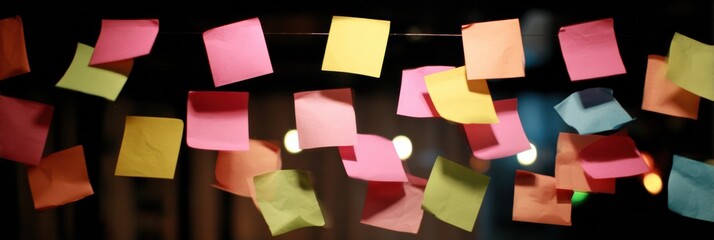 Colorful Sticky Notes Hanging in a Dimly Lit Room, Creating a Vibrant and Creative Atmosphere for Brainstorming Ideas