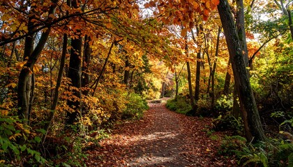 Naklejka premium Autumn path through colorful forest