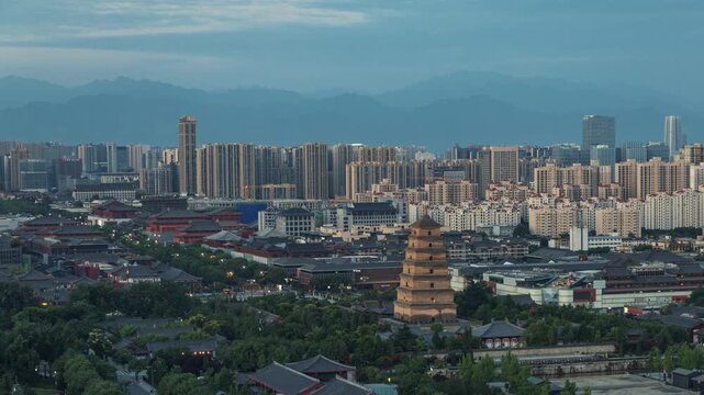 Time lapse view of Xian Dayan Pagoda and city skyline in Shanxi, China