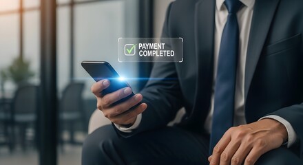 Confident businessman uses smartphone confirming payment completion with digital interface, modern office setting, conveying financial success and efficiency.