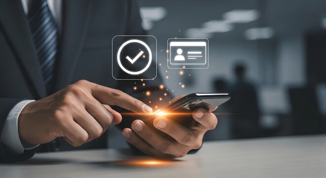 Professional man confidently using smartphone for digital identity verification and secure access, showcasing modern technology.