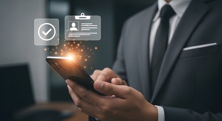 Modern professional using smartphone for digital identity verification and secure access, symbolizing data protection and online credentials