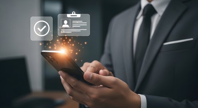 Modern professional using smartphone for digital identity verification and secure access, symbolizing data protection and online credentials