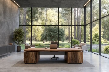 Modern office with large windows overlooking a park