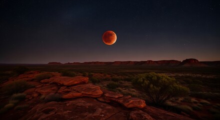Blood Moon over Australian Outback, a celestial wonder above the red desert landscape, Night sky with red lunar eclipse in the Australian desert