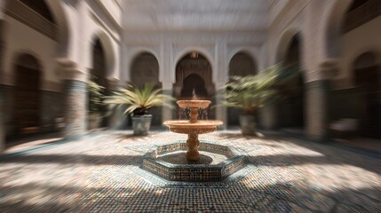 Obraz premium blurred image of a Moroccan riad courtyard interior with mosaic fountain
