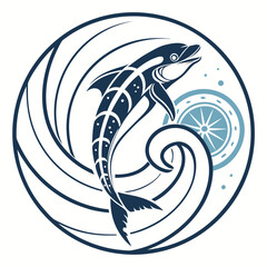Fototapeta premium Stylized Dolphin Jumping in Circular Waves with Compass