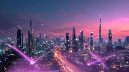 Futuristic smart city skyline with glowing digital network connections at sunset - Powered by Adobe