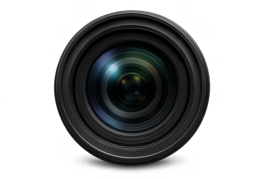 Camera lens with transparent background showing its reflection