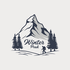 Mountain hiker in winter landscape logo peak trekking