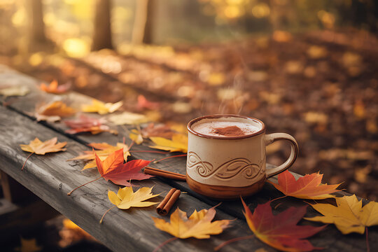 Enjoying a warm spiced latte outdoors during the autumn season with vibrant fall leaves and cozy vibes for a perfect autumn aesthetic and comforting feeling