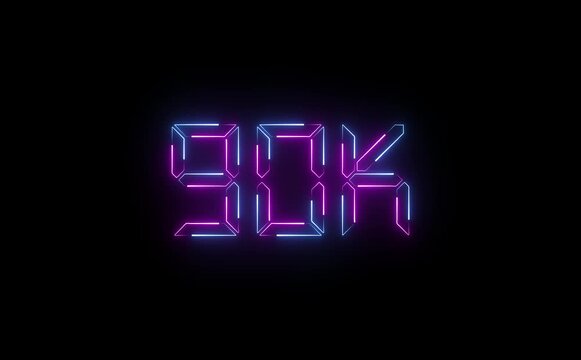 A neon "90K" text icon glows in vivid pink and cyan, gently pulsing and shimmering with retro energy, featuring a smooth zoom and flicker animation effect.
