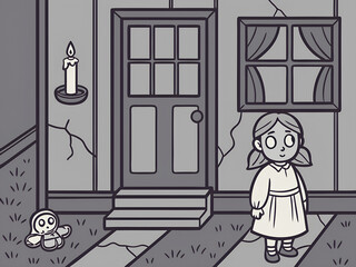 Creepy girl and ghost doll stand outside a haunted house at night