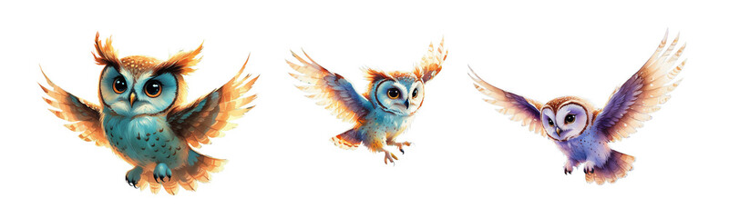 Obraz premium Beautiful watercolor illustration of three flying owls with outstretched wings, isolated on transparent background. Perfect for nature-themed designs, wildlife art, invitations, and digital projects.